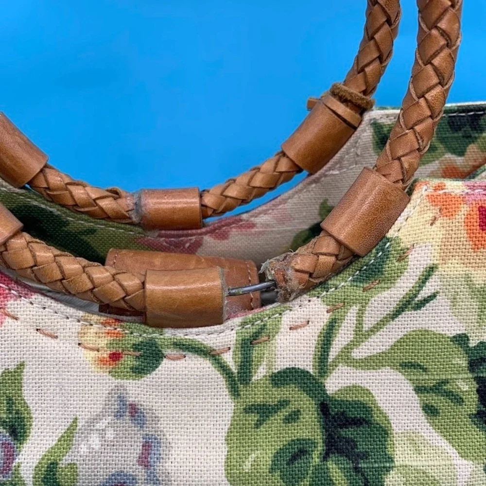 Fossil‎ Floral Print Canvas Satchel Bag Purse Woven Round Double Handle